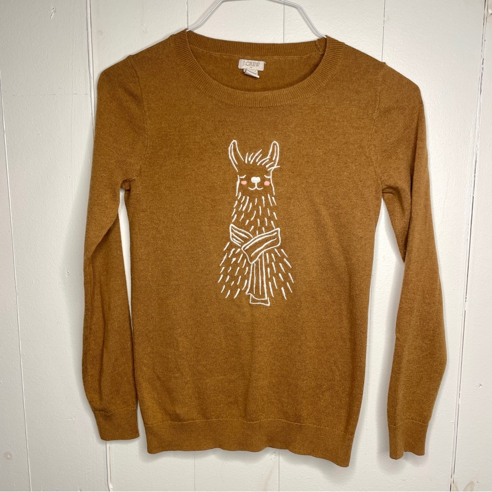 J.Crew Embroidered Llama Sweater Camel Brown, size XXS